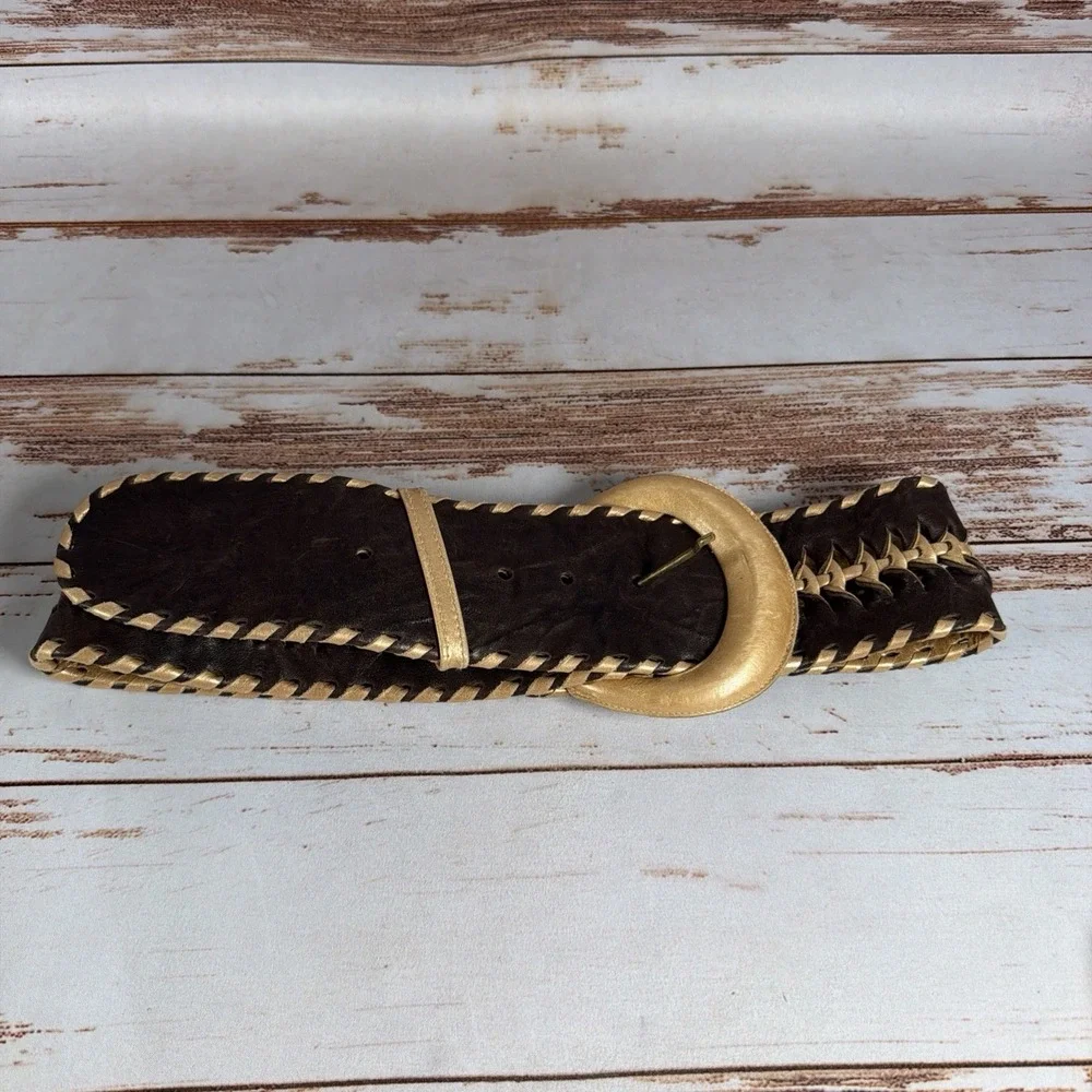 Raina Womens Wide Statement Belt Brown Gold Buckle Size 34 Inch Used